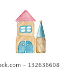 The tower is made of wooden building blocks from a children's construction set, hand-drawn on an isolated background using watercolors. It is suitable for decorating postcards, invitations, packaging. 132636608