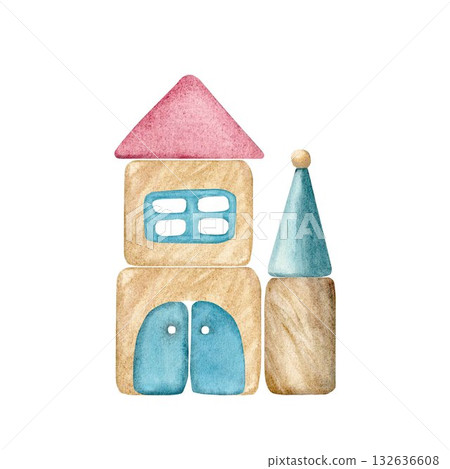 The tower is made of wooden building blocks from a children's construction set, hand-drawn on an isolated background using watercolors. It is suitable for decorating postcards, invitations, packaging. The tower is made of wooden building blocks from a children's construction set, hand-drawn on an isolated background using watercolors. It is suitable for decorating postcards, invitations, packaging. 132636608