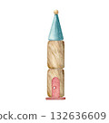 The tower is made of wooden building blocks from a children's construction set, hand-drawn on an isolated background using watercolors. It is suitable for decorating postcards, invitations, packaging. 132636609