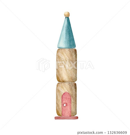 The tower is made of wooden building blocks from a children's construction set, hand-drawn on an isolated background using watercolors. It is suitable for decorating postcards, invitations, packaging. 132636609
