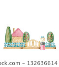 A composition made of wooden blocks - an orchard with a house, a fence, a gate, and a doll painted in watercolor on an isolated background for postcards, banners, invitations, packaging. 132636614