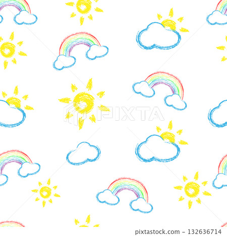 Seamless pattern with Chalk clouds and rainbows. Doodle kids pattern with clouds, sun and rainbows. Cute hand drawn seamless background in white background. Seamless pattern with Chalk clouds and rainbows. Doodle kids pattern with clouds, sun and rainbows. Cute hand drawn seamless background in white background. 132636714