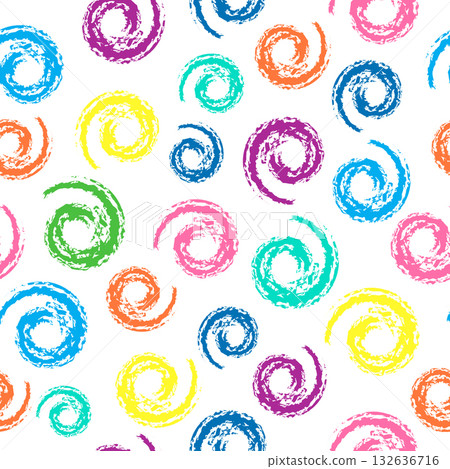 Seamless pattern with scribble dots. Crayon colorful hand drawing spiral helix circles pattern. Vector abstract background, suitable for wallpaper, banner, page, design. Flat color for easy change. 132636716