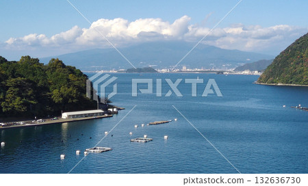 Nagahama Castle in Izu Province, Shizuoka Prefecture. Aerial view of Mount Fuji from Suruga Bay. 132636730