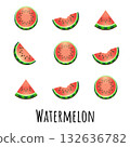 Watermelon set vector illustration sliced and half watermelon pieces isolated on white background, juicy summer fruit collection, fresh tropical food design for healthy eating and organic products 132636782