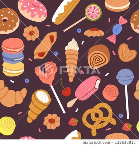 Bakery pattern. Sweet dessert background. Cute cartoon, colorful candies. Sugar candy. Texture for children. Baked goods design. Wrapping paper, wallpaper. Print for fabric. Vector textile doodle 132636813