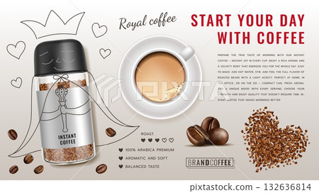 Coffee 3D background. Advertisement for cafe. Can instant drink. Cappuccino menu with dark roasted seeds. Realistic breakfast beverage. Aromatic espresso. Doodle line drawing. Vector brand ad banner 132636814