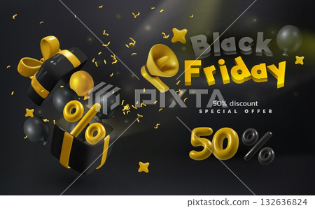 Black Friday. Sale banner. 3D gift box, megaphone and balloon, light gold glitter. Present, special offer design, promo ad, realistic product advertisement. Vector exact template, render objects card Black Friday. Sale banner. 3D gift box, megaphone and balloon, light gold glitter. Present, special offer design, promo ad, realistic product advertisement. Vector exact template, render objects card 132636824