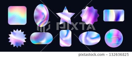 Techno sticker. Iridescent foil label. Holographic adhesive film. Shiny spectrum reflection. Textured color gradient material. Metallic Iridescent silver stamps and emblems. Realistic holo mockup set Techno sticker. Iridescent foil label. Holographic adhesive film. Shiny spectrum reflection. Textured color gradient material. Metallic Iridescent silver stamps and emblems. Realistic holo mockup set 132636825