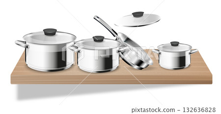 Stainless cookware and utensils. Clean shelf layout. A realistic kitchen scene for Stainless cookware and utensils. Clean shelf layout. A realistic kitchen scene for 132636828