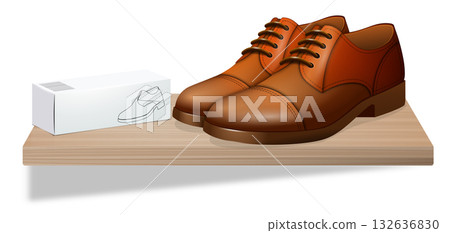 Brown leather shoes with care box. Clean retail layout. A realistic product scene for fashion and branding. 132636830