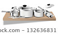 Stainless cookware and utensils. Clean shelf layout. A realistic kitchen scene for culinary and home design themes 132636831