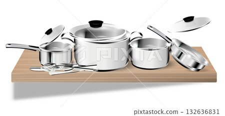 Stainless cookware and utensils. Clean shelf layout. A realistic kitchen scene for culinary and home design themes 132636831