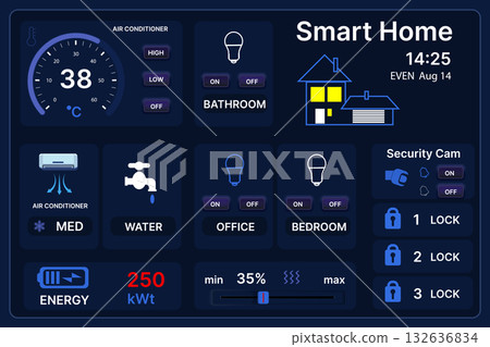Smart home control panel interface. Modern house automation dashboard with climate control and security systems. 132636834