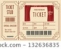 Vintage Theatre Ticket. A stylized admission pass with classic masks, musical notes. 132636835