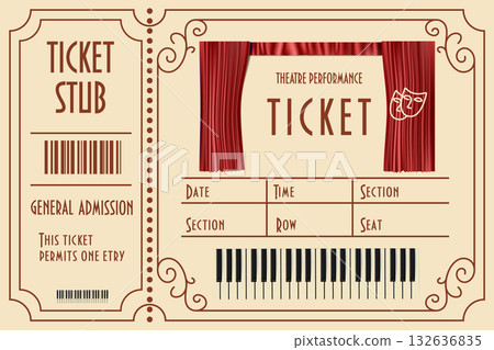 Vintage Theatre Ticket. A stylized admission pass with classic masks, musical notes. Vintage Theatre Ticket. A stylized admission pass with classic masks, musical notes. 132636835