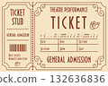 Vintage Theatre Ticket. A stylized admission pass with classic masks, musical notes, and elegant layout. 132636836