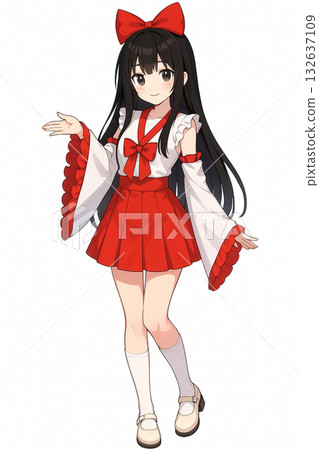 身穿紅白緞帶服裝的可愛女孩。動漫風格肖像。 132637109