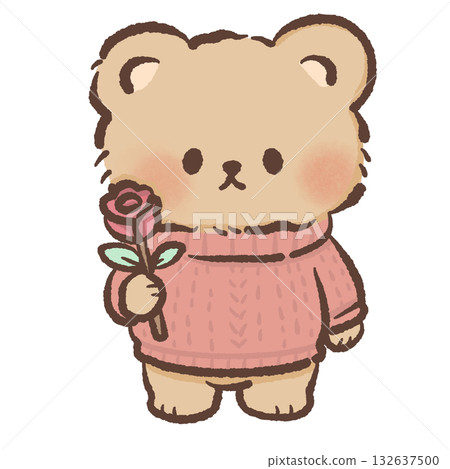 Cute Bear holding a rose Kawaii Valentine Couple Illustration Sweet Animal Love Art Cozy Winter Characters for Cards Stickers Kids Craft Design 132637500