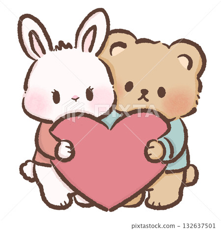 Cute Bunny and Bear holding a giant heart Kawaii Valentine Couple Illustration Sweet Animal Love Art Cozy Winter Characters for Cards Stickers Kids Craft Design 132637501
