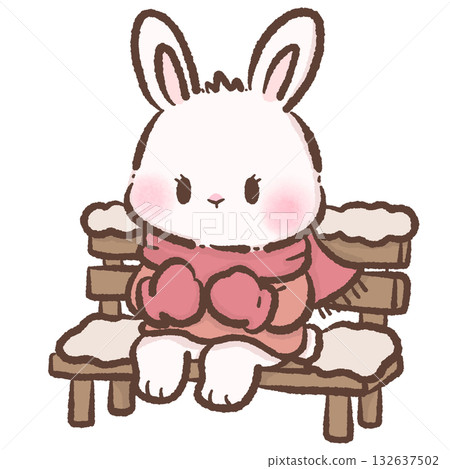 Cute Bunny sitting on a snow covered bench Kawaii Valentine Couple Illustration Sweet Animal Love Art Cozy Winter Characters for Cards Stickers Kids Craft Design 132637502