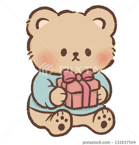 Cute Bear holding a christmas gift Kawaii Valentine Couple Illustration Sweet Animal Love Art Cozy Winter Characters for Cards Stickers Kids Craft Design 132637504
