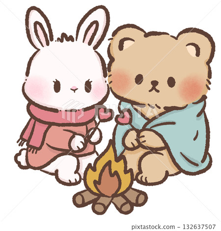 Cute Bunny and Bear roasting heart shaped marshmallow Kawaii Valentine Couple Illustration Sweet Animal Love Art Cozy Winter Characters for Cards Stickers Kids Craft Design Cute Bunny and Bear roasting heart shaped marshmallow Kawaii Valentine Couple Illustration Sweet Animal Love Art Cozy Winter Characters for Cards Stickers Kids Craft Design 132637507