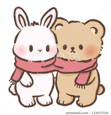 Cute Bunny and Bear tangled wrapped around in the same scarf Kawaii Valentine Couple Illustration Sweet Animal Love Art Cozy Winter Characters for Cards Stickers Kids Craft Design Cute Bunny and Bear tangled wrapped around in the same scarf Kawaii Valentine Couple Illustration Sweet Animal Love Art Cozy Winter Characters for Cards Stickers Kids Craft Design 132637509