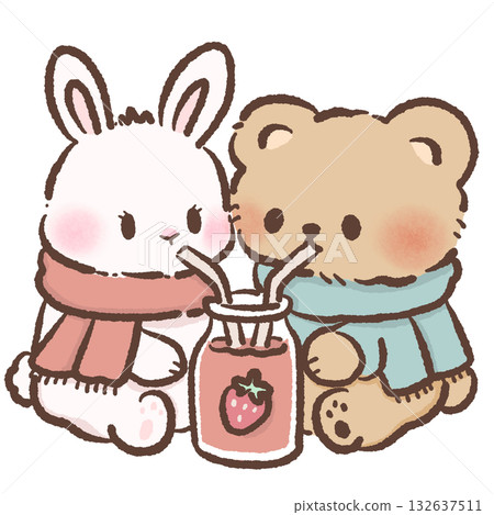 Cute Bunny and Bear Sharing Strawberry Drink Kawaii Valentine Couple Illustration Sweet Animal Love Art Cozy Winter Characters for Cards Stickers Kids Craft Design 132637511