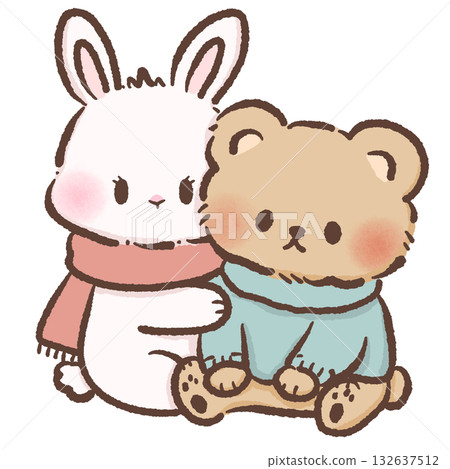 Cute Bunny and Teddy Bear Cuddling Cozy Winter Scarf Sweater Kawaii Animal Couple Illustration Love Romance Character Art for Valentine Cards Kids Stickers Craft Projects 132637512