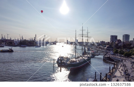 Norderelberiver (Elbe river) in last days of summer in Hamburg. SUN SHINY IN WATER OF Elbe river Norderelberiver (Elbe river) in last days of summer in Hamburg. SUN SHINY IN WATER OF Elbe river 132637586