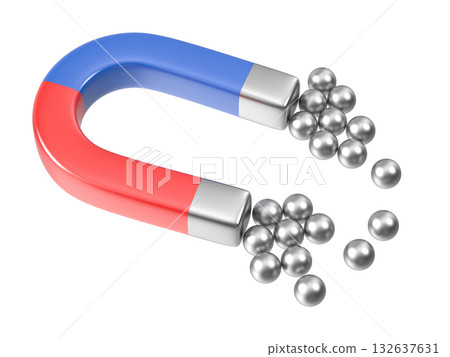 Horseshoe Magnet Attracting Metal Spheres 132637631