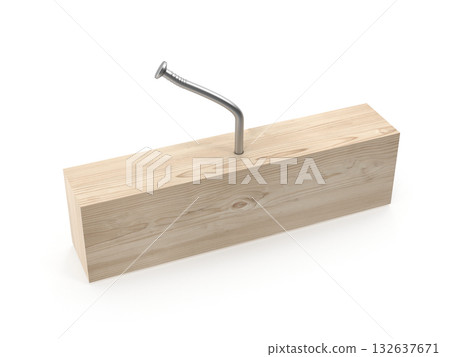 Bent Nail in Wooden Block 132637671