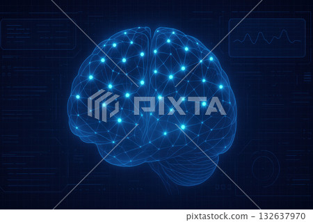 Glowing blue brain neural network visualization shows cognitive processes. futuristic interface with firing synapses represents advanced medical science and innovative neuro tech Glowing blue brain neural network visualization shows cognitive processes. futuristic interface with firing synapses represents advanced medical science and innovative neuro tech 132637970