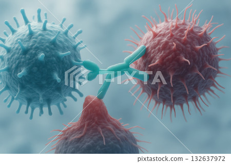 Focused immune cell interaction close up showing T cell binding monoclonal antibody. checkpoint inhibitor for immunotherapy, realistic biomedical visualization for science 132637972