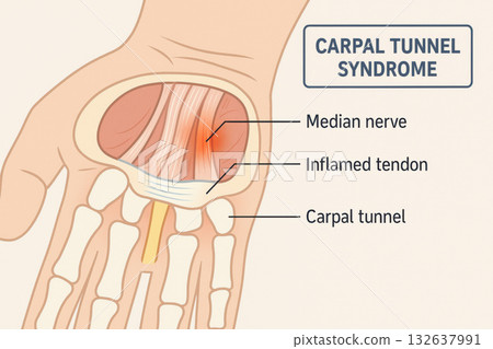Medical infographic showing carpal tunnel syndrome, painful condition from median nerve compression and inflamed tendon inside wrist tunnel. detailed cross section of hand anatomy Medical infographic showing carpal tunnel syndrome, painful condition from median nerve compression and inflamed tendon inside wrist tunnel. detailed cross section of hand anatomy 132637991