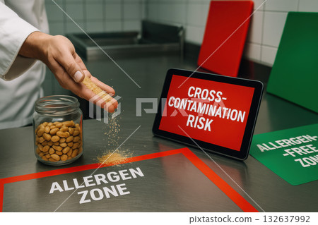 Chef hand showing cross contamination risk in kitchen allergen zone. digital tablet sign warns about danger of peanut contamination, serious awareness concept for food safety 132637992