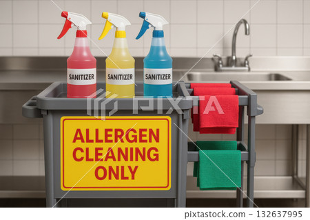 Cleaning cart with color coded sanitizer bottles for allergen cleaning only. Controlled hygiene setting in commercial kitchen ensures food safety and proper sanitation protocol 132637995