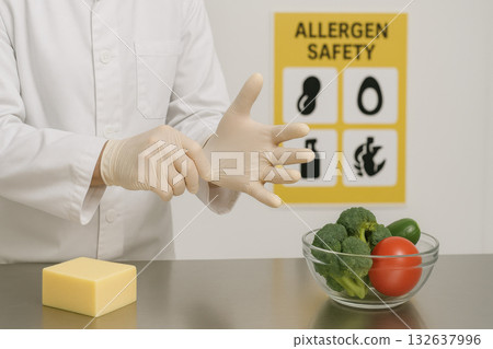 Diligent chef demonstrates food allergen safety and strict hygiene, changing disposable glove in kitchen before handling cheese and vegetable to prevent contamination 132637996