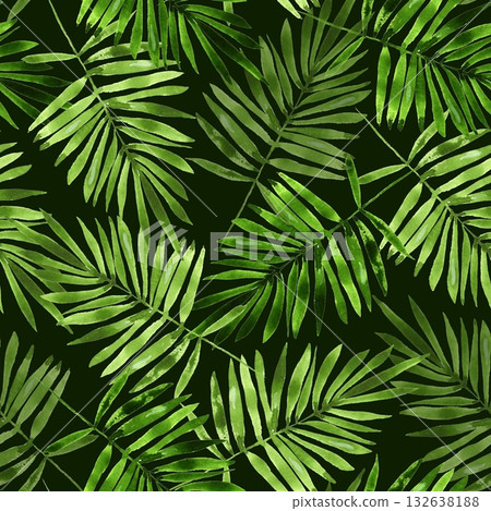 Seamless pattern Illustration with hand-drawn watercolor palm leaves in deep emerald and forest green shades on black background Seamless pattern Illustration with hand-drawn watercolor palm leaves in deep emerald and forest green shades on black background 132638188