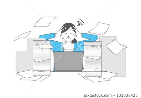 A woman in a suit holding her head due to overtime and overwork A woman in a suit holding her head due to overtime and overwork 132638425