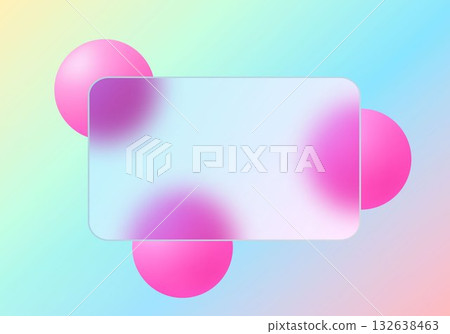 Glass morphism style frame with pink 3D spheres on a vibrant gradient background. Eps 10 132638463