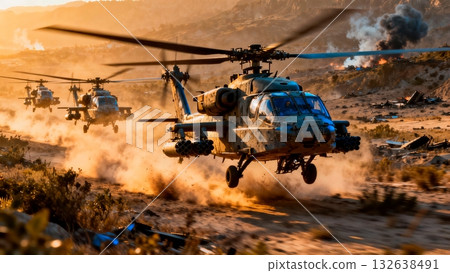 Military Helicopter Squadron Flying Low Over Battlefield Terrain Military Helicopter Squadron Flying Low Over Battlefield Terrain 132638491