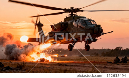 Attack Helicopter Gunship Engaging Targets Battlefield Combat Scene Attack Helicopter Gunship Engaging Targets Battlefield Combat Scene 132638494