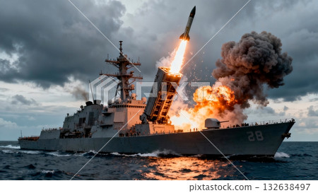 Naval Destroyer Ship Firing Missiles During Combat Exercise Naval Destroyer Ship Firing Missiles During Combat Exercise 132638497