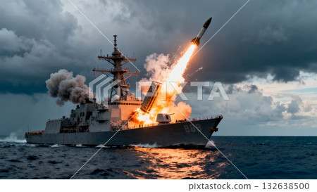 Naval Destroyer Ship Firing Missiles During Combat Exercise 132638500