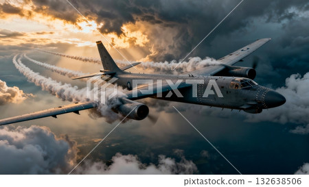 Strategic Bomber Aircraft Flying Through Clouds Mission Deployment 132638506