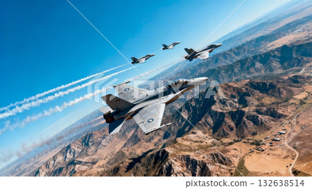 Fighter Jets Formation Flying Over Mountain Battlefield Landscape Fighter Jets Formation Flying Over Mountain Battlefield Landscape 132638514