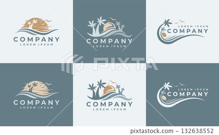 Luxury ocean sunset palm wave logo design set 132638552