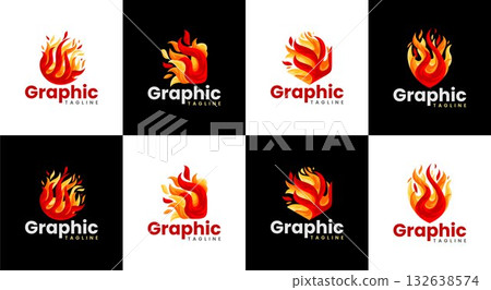 Colorful 3D fire flame logo design set Colorful 3D fire flame logo design set 132638574